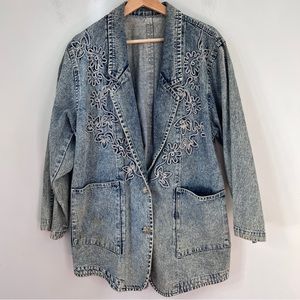 Vintage Jean Jacket Stone Acid Wash Floral Embroidered Rainbow Metallic